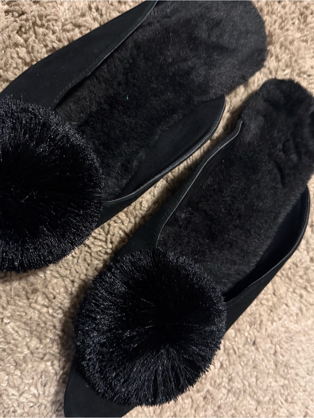 Chicos Black Faux Fur Pom-Pom Women's Slip-On Flats